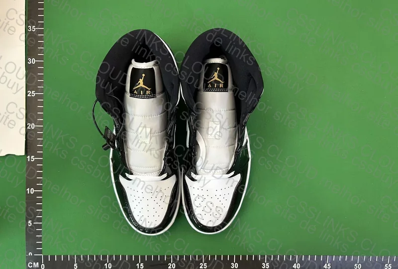 Jordan 1 Mid Patent Black White Gold 6