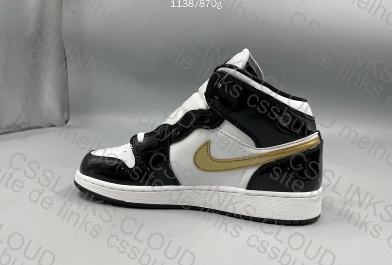 Jordan 1 Mid Patent Black White Gold Men's 4