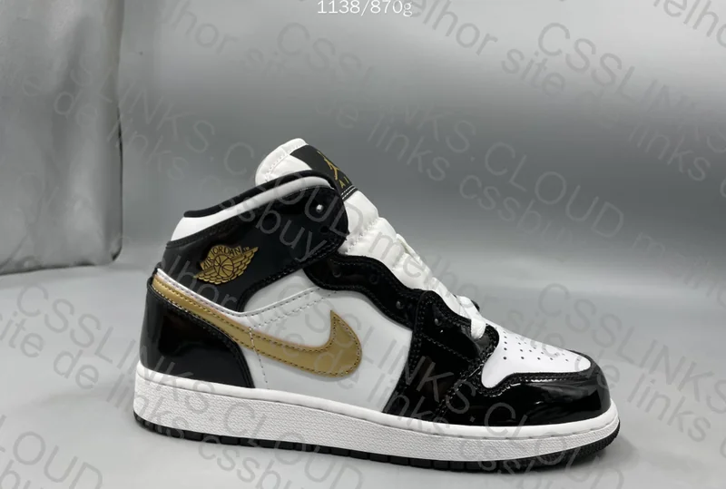 Jordan 1 Mid Patent Black White Gold Men's 5