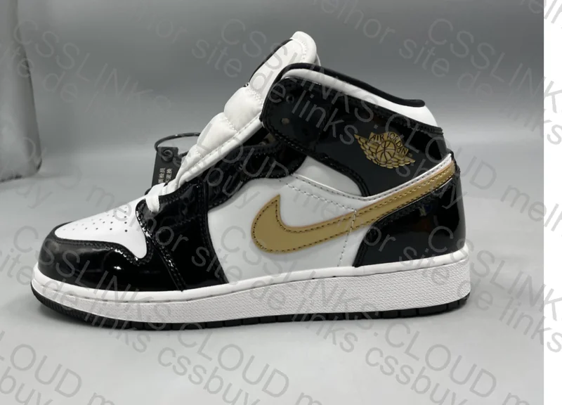 Jordan 1 Mid Patent Black White Gold Men's 6