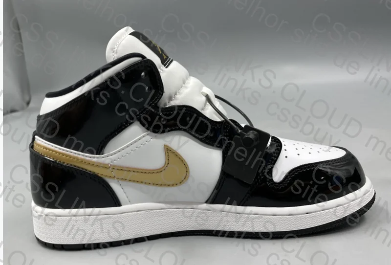 Jordan 1 Mid Patent Black White Gold Men's 7